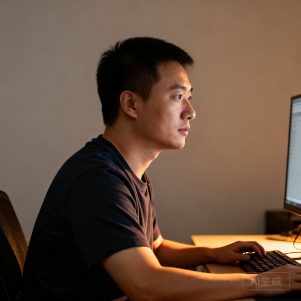 陈浩，天天看球联合创始人兼CTO，全栈工程师，穿着深色T恤在电脑前工作的侧脸照