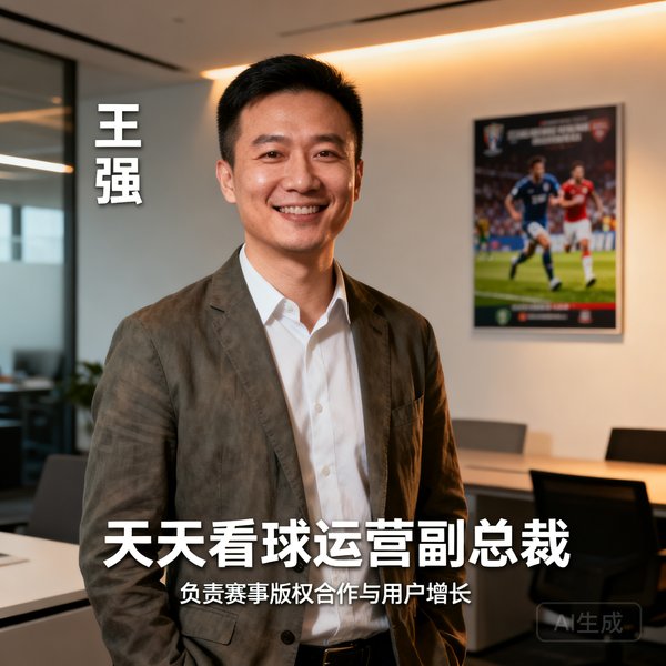 王强，天天看球运营副总裁，负责赛事版权合作与用户增长，穿着商务休闲装